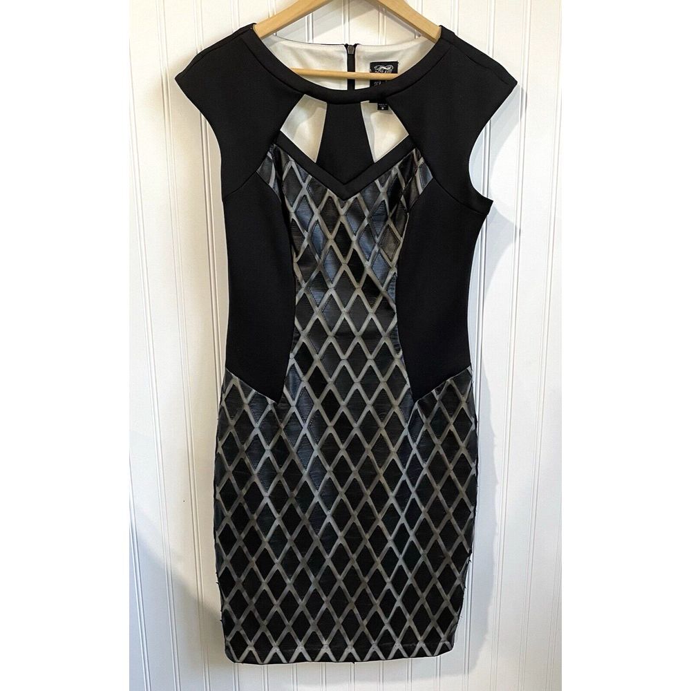 JAX Dress Womens Size 8 Black Sheath Faux Leather Cut Outs Sexy Cocktail Mesh